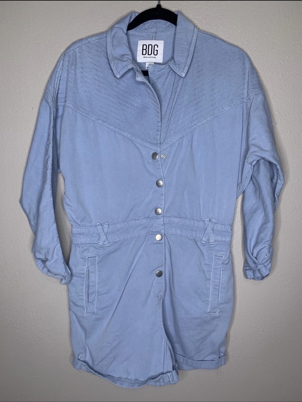 BDG Urban Outfitters Womens Romper Medium Blue Button Up 3/4 sleeve Shorts